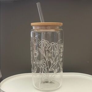 Floral Glass Tumbler with Bamboo Lid and Straw